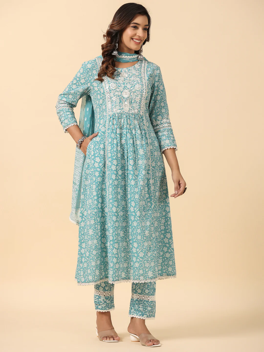 Blue Viscose Rayon Floral Print Zari Work A-Line Kurta Pant Dupatta Set