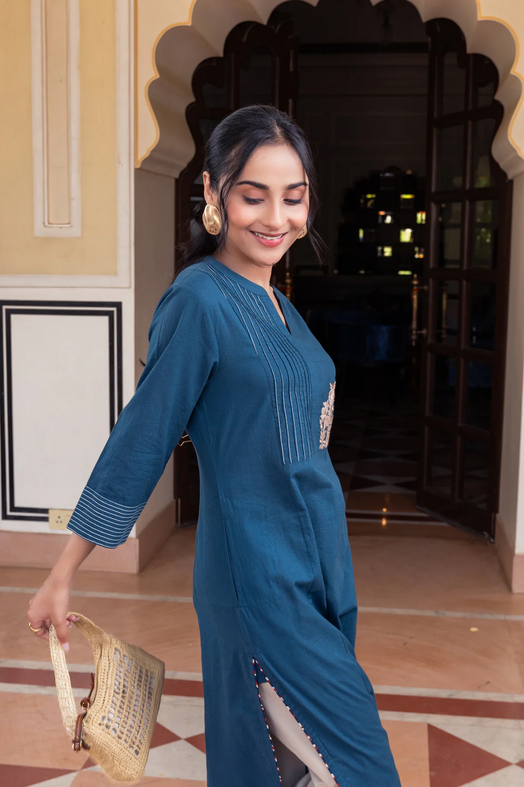 Blue Cotton Embroidered Kurta