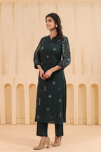 Green Cotton Slub Embroidered Designer Kurta Pant Set