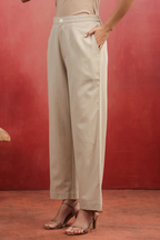 Beige Cotton Solid Wide Leg Pant