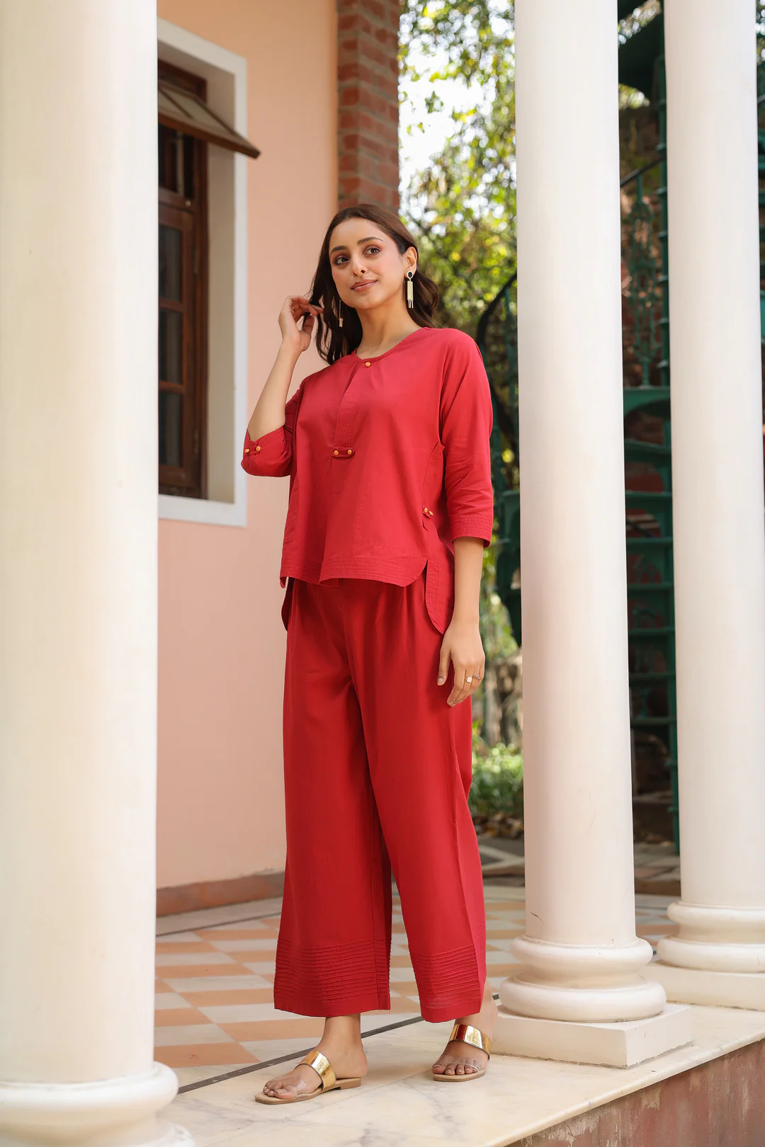 Red Cotton Detailed Co-Ord Set
