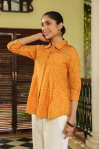Mustard Cotton Detailed Printed Designer A-Line Top