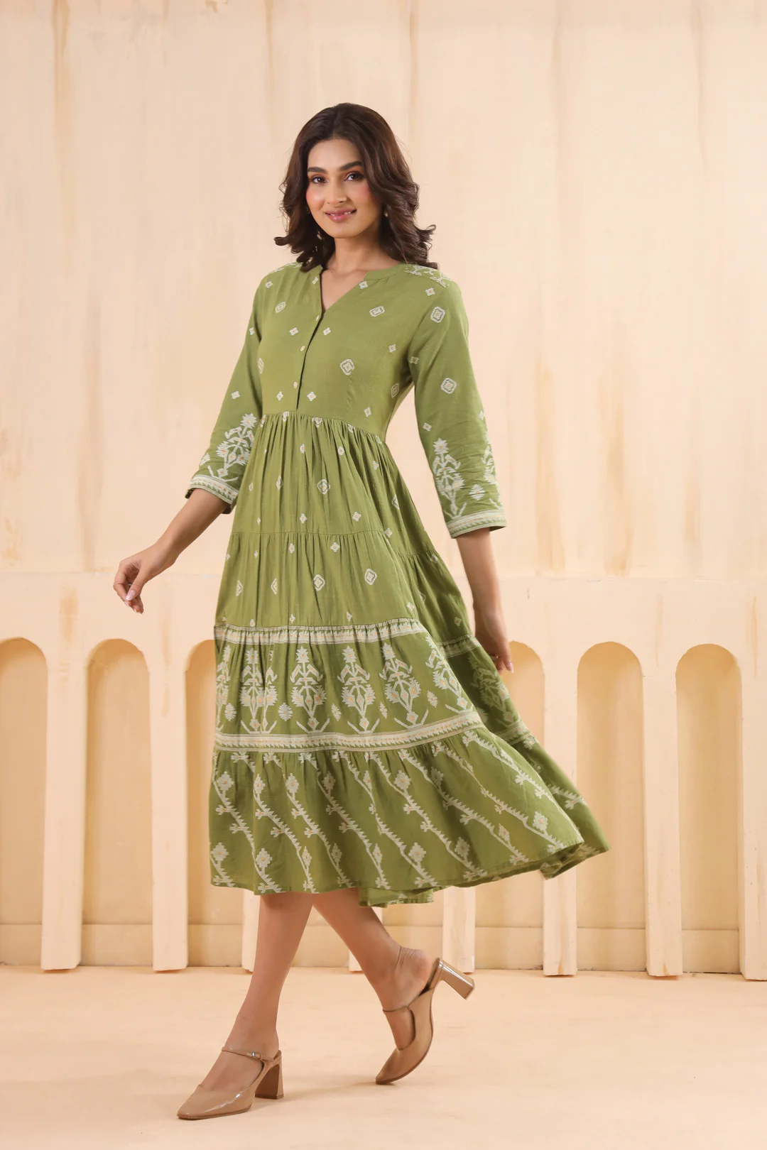 Green Cotton Slub Printed Flared Dress