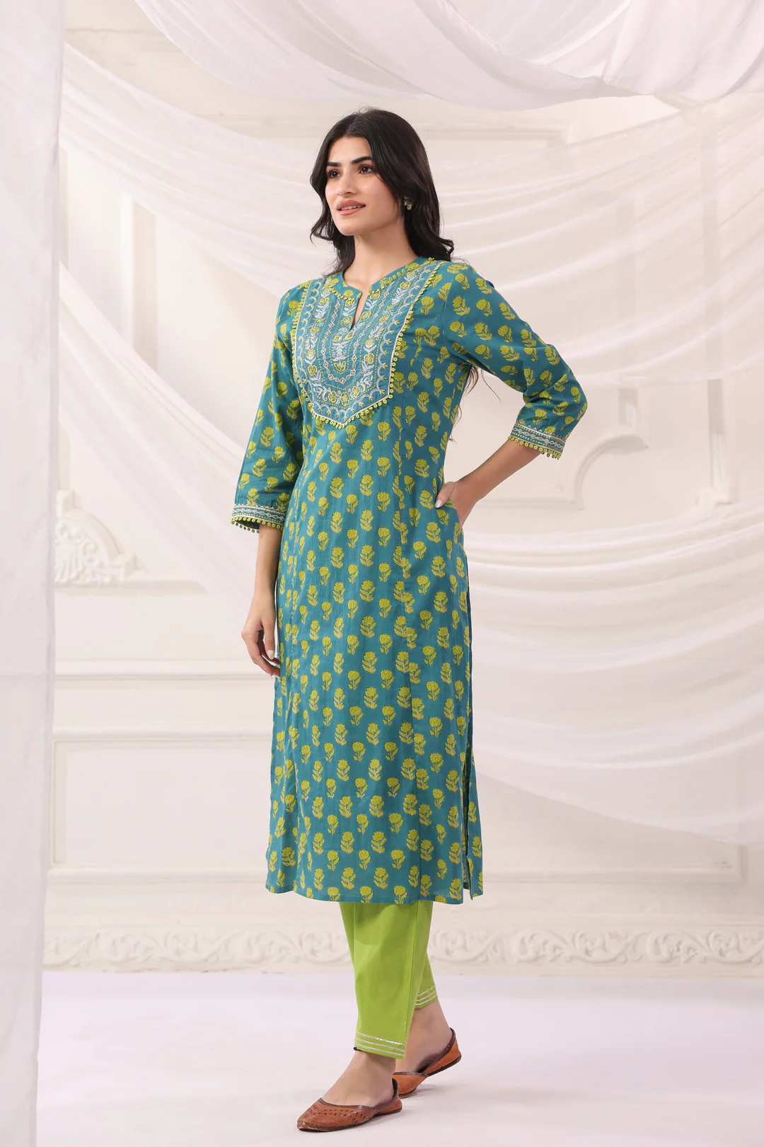 Green Cotton Embroidery Designer Kurta Pant Set