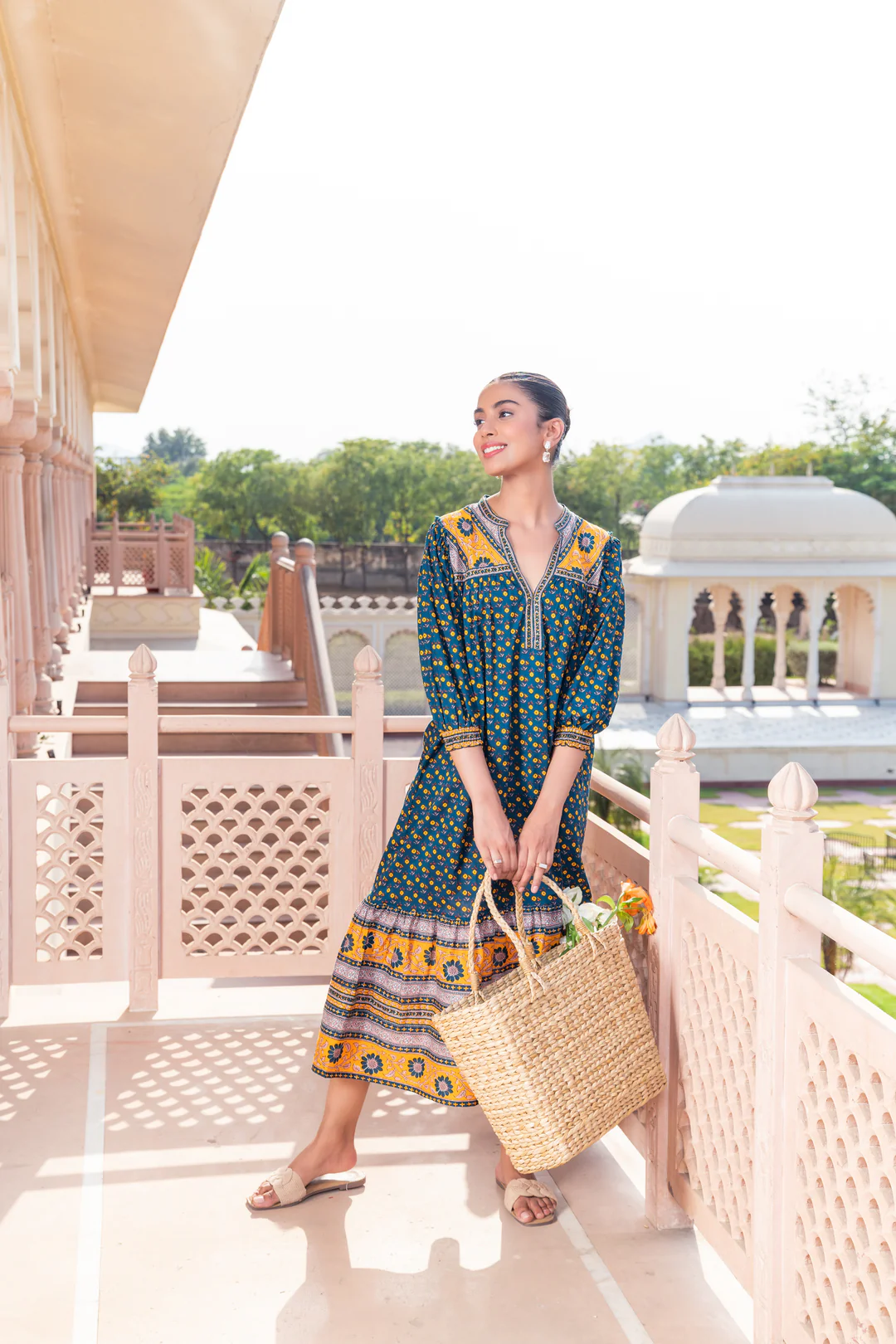 Teal Green Cotton Printed Designer Dress