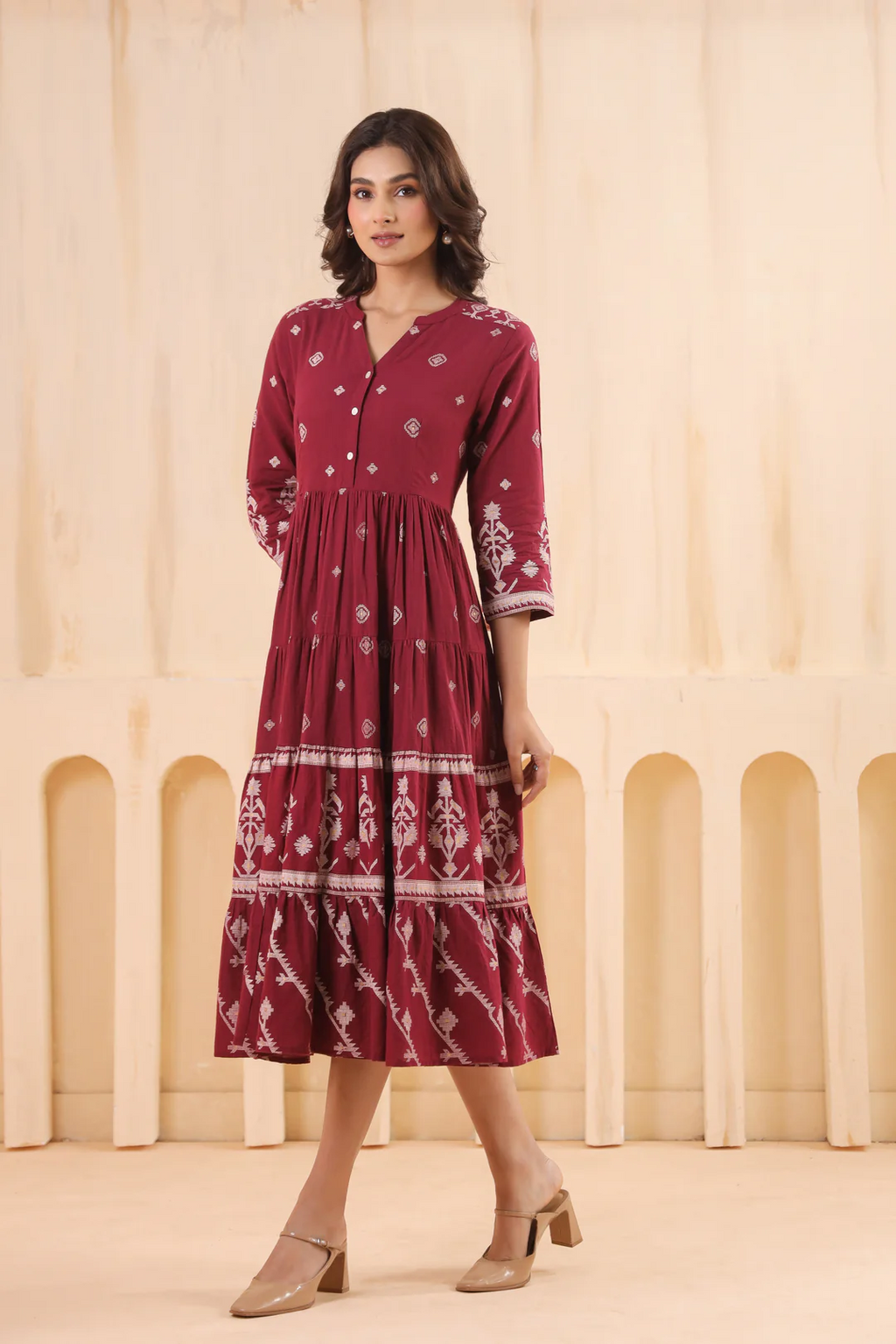 Maroon Cotton Slub Printed Flared Dress