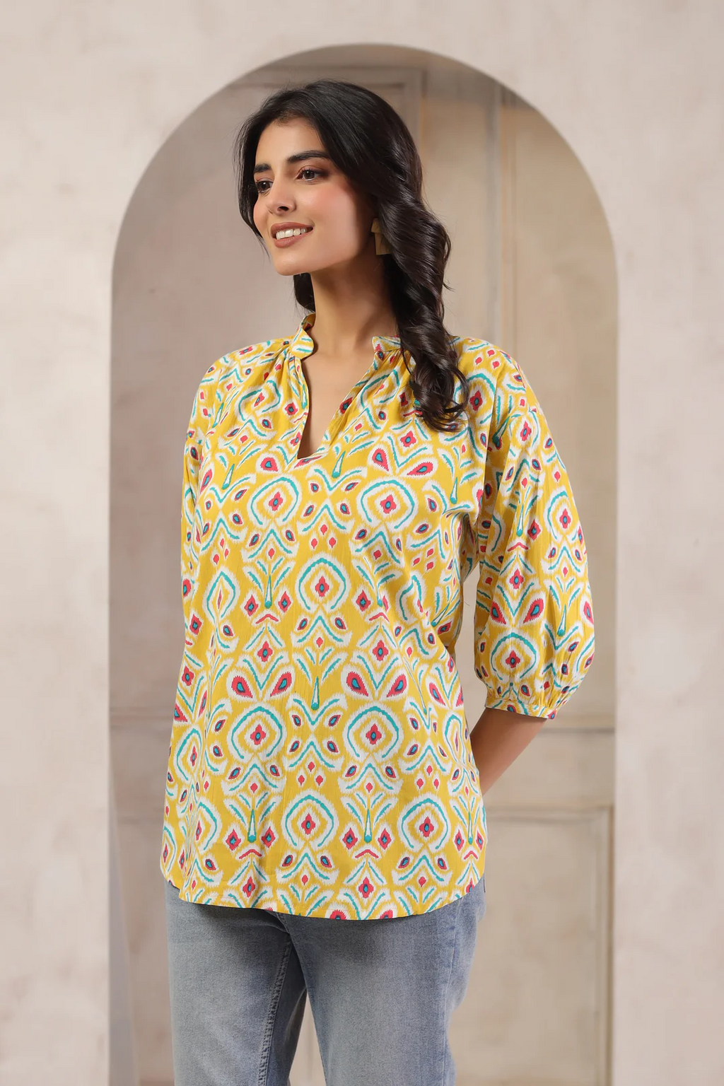 Yellow Cotton Printed Designer Top