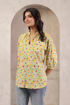 Yellow Cotton Printed Designer Top