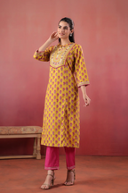 Yellow cotton Embroidery Designer Kurta pant Set