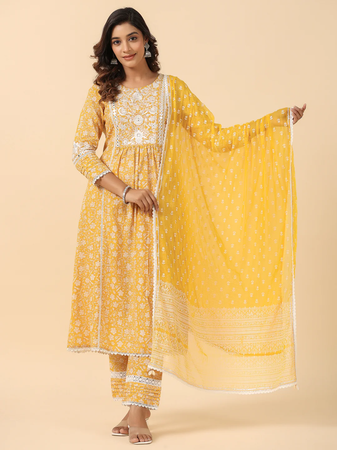Yellow Cotton Hand Block Printed Embroidered A Line Kurta Pant Set with Dupatta