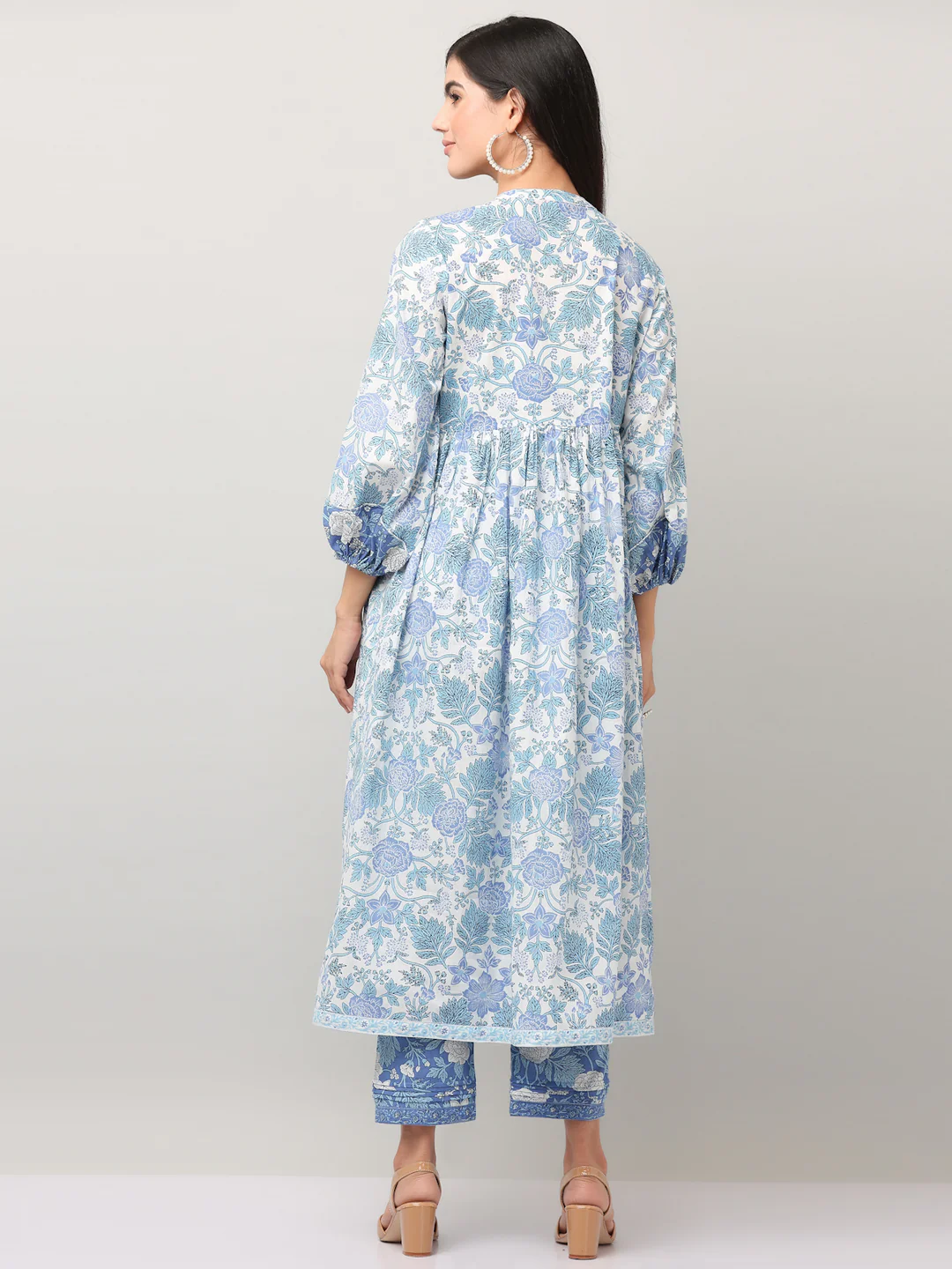 Cotton Blue Printed A-Line Kurta Pant Set