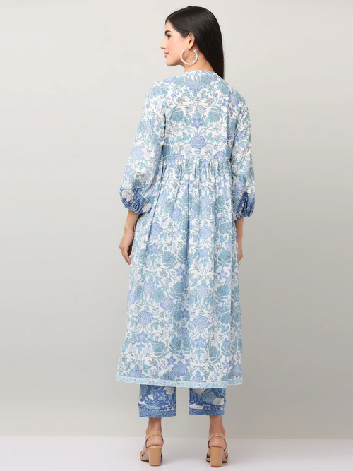 Cotton Blue Printed A-Line Kurta Pant Set