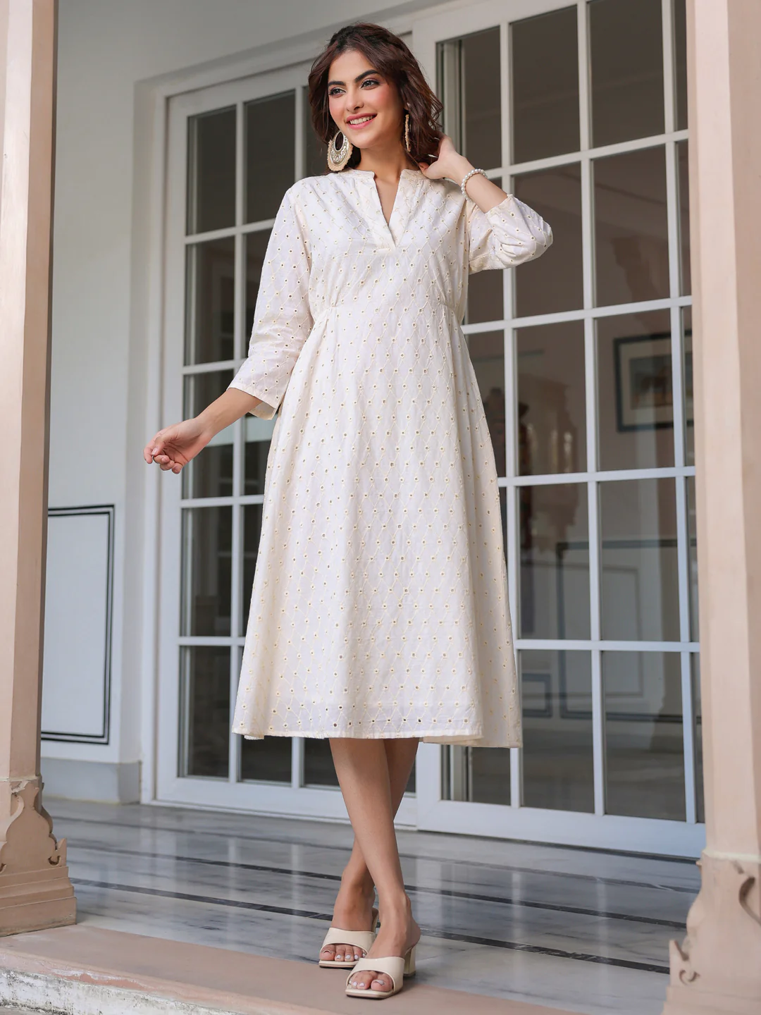 Women's Off White Pure Cotton Schiffli A-Line Dress