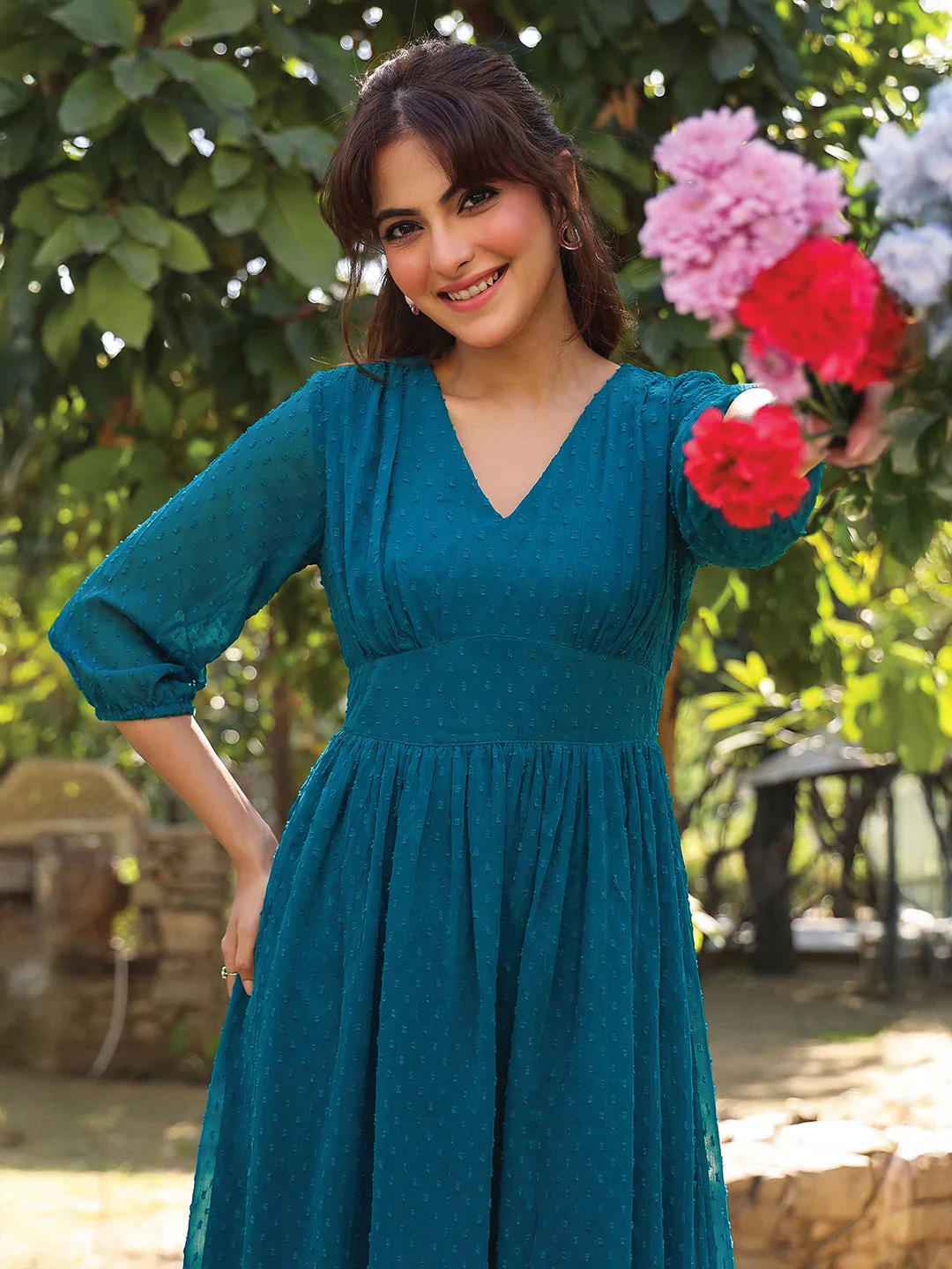 Women's Teal Blue Dobby Chiffon Self Design Fit & Flare Dress