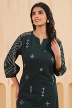Green Cotton Slub Embroidered Designer Kurta Pant Set