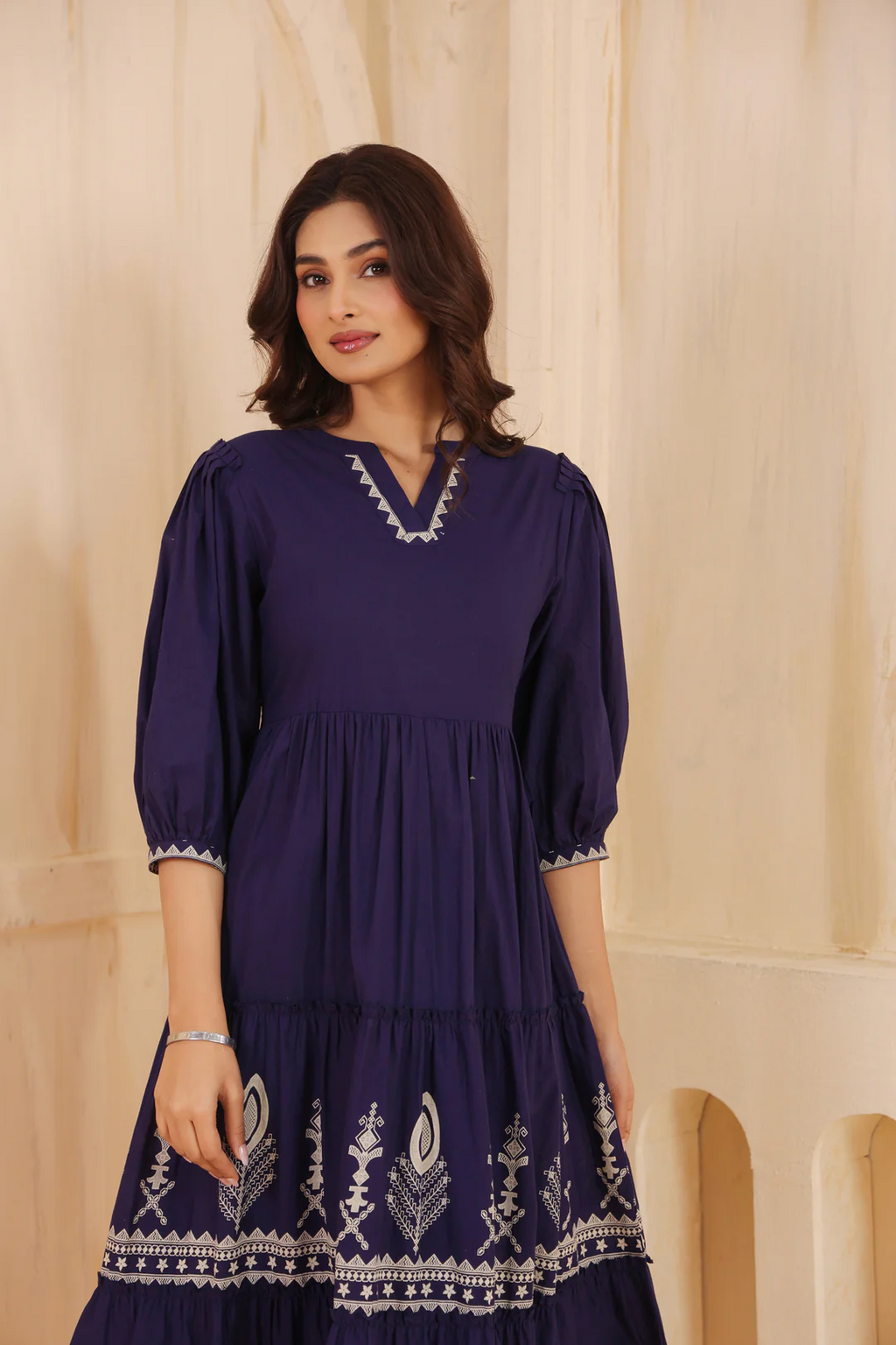 Blue Cotton Floral Printed Flared Dress