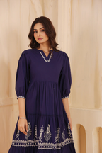 Blue Cotton Floral Printed Flared Dress