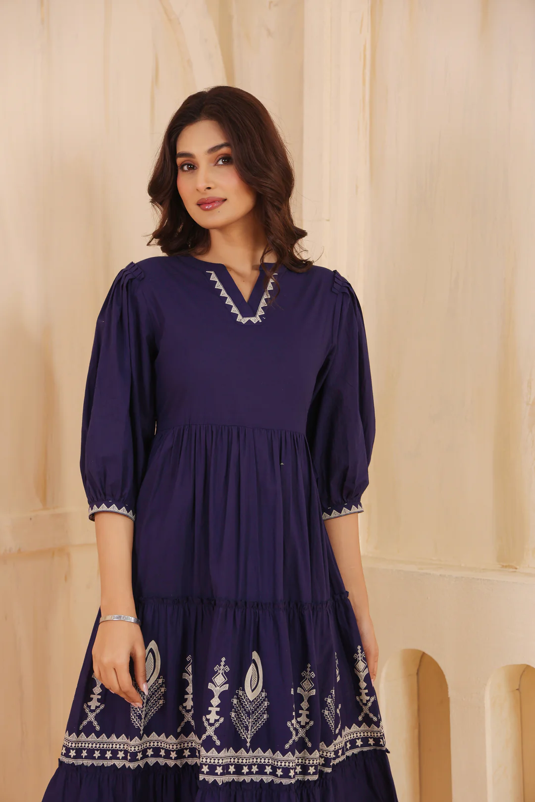 Blue Cotton Floral Printed Flared Dress