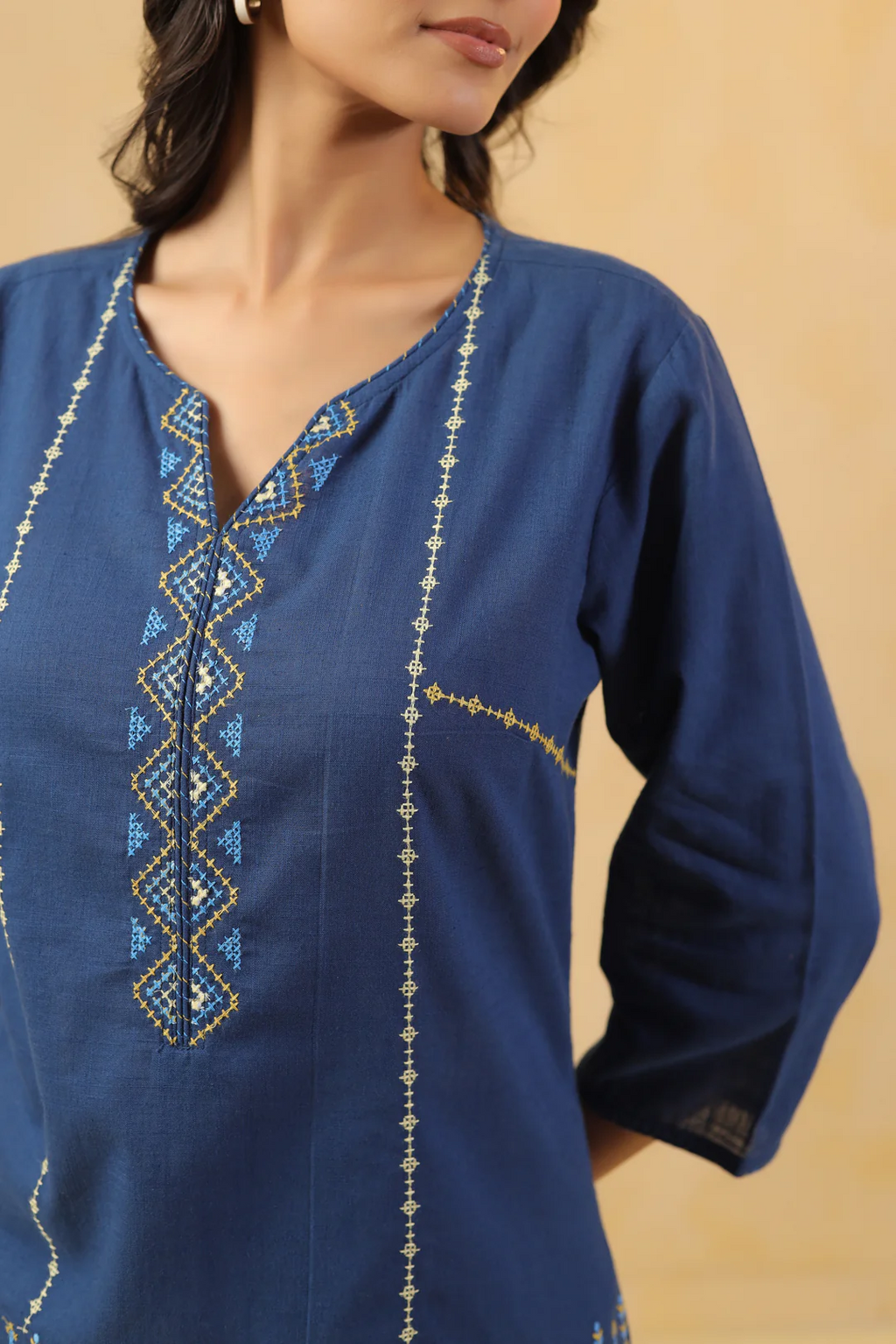 Blue Cotton Embroidered Designer Top