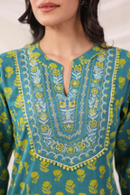 Green Cotton Embroidery Designer Kurta Pant Set