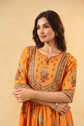 Mustard Cotton Floral Printed Flared Dress