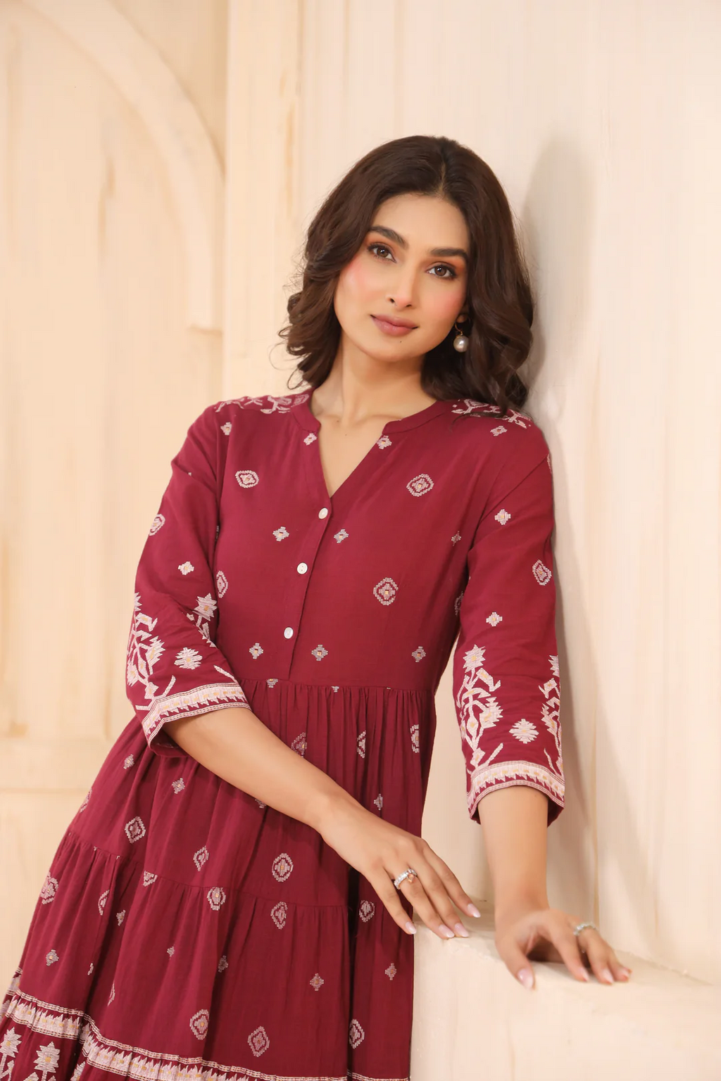 Maroon Cotton Slub Printed Flared Dress