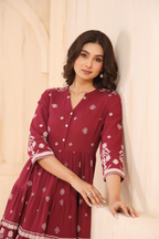 Maroon Cotton Slub Printed Flared Dress