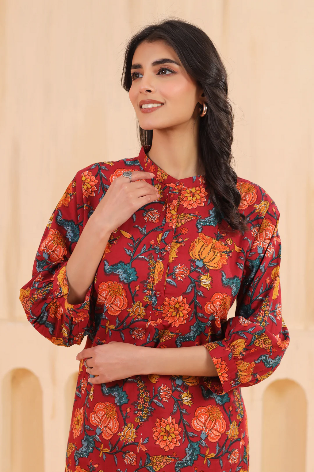 Red Cotton Printed Straight Kurta